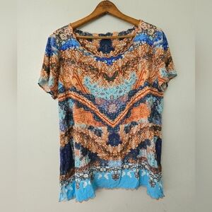 Soft Surroundings Blue and Orange Patterned Blouse
